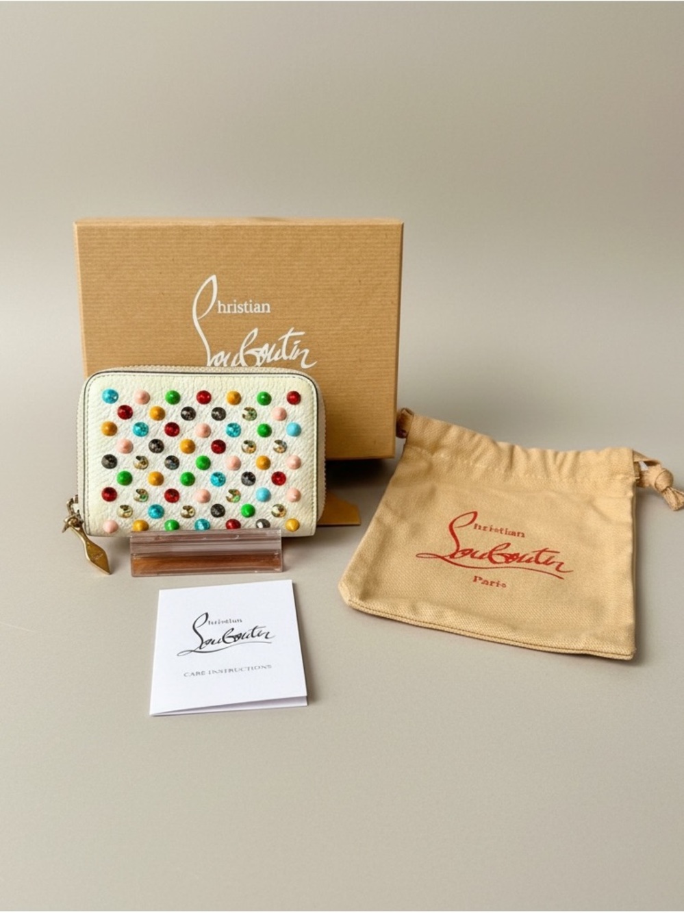 Christian Louboutin Panettone Wallet White Calf Leather with Multicolored Spikes